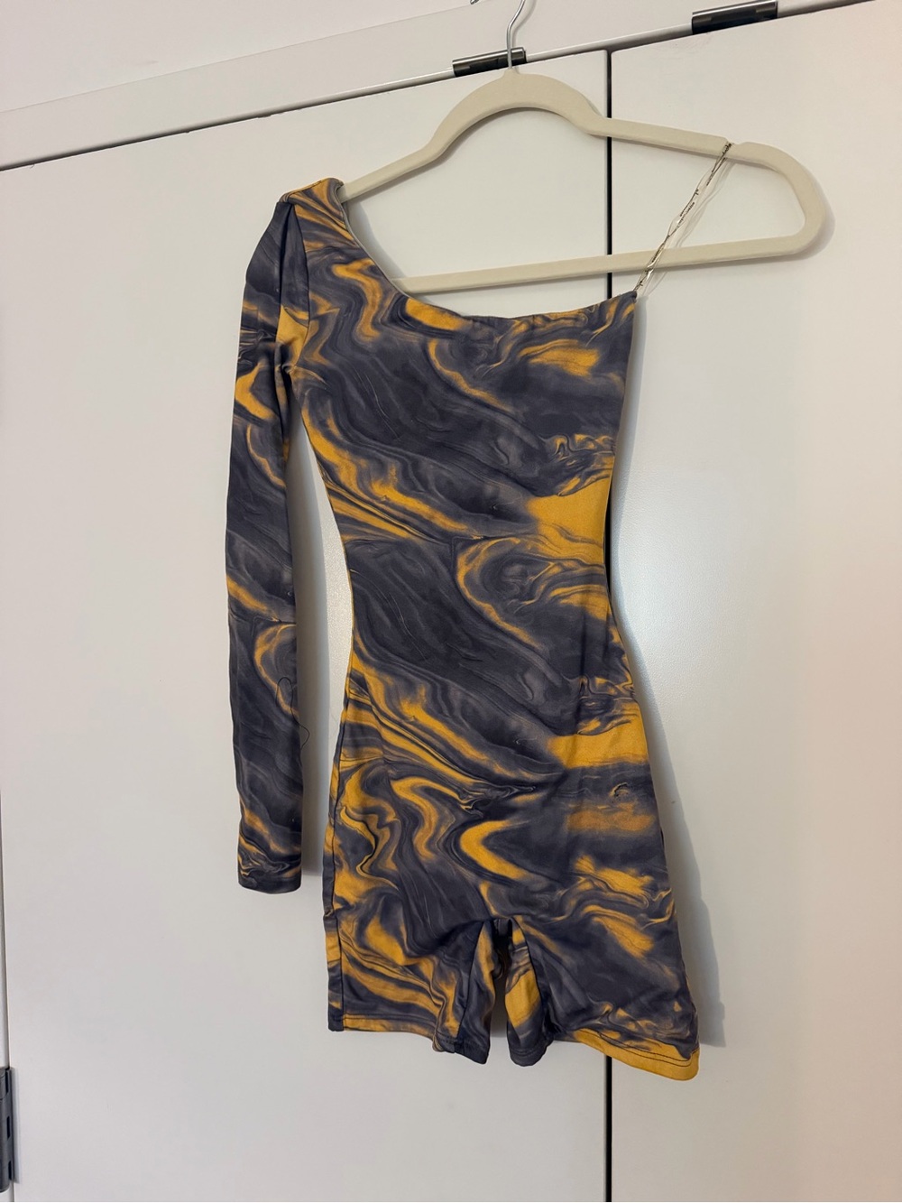 One-Shoulder Jumpsuit Romper in Yellow and Gray Marble